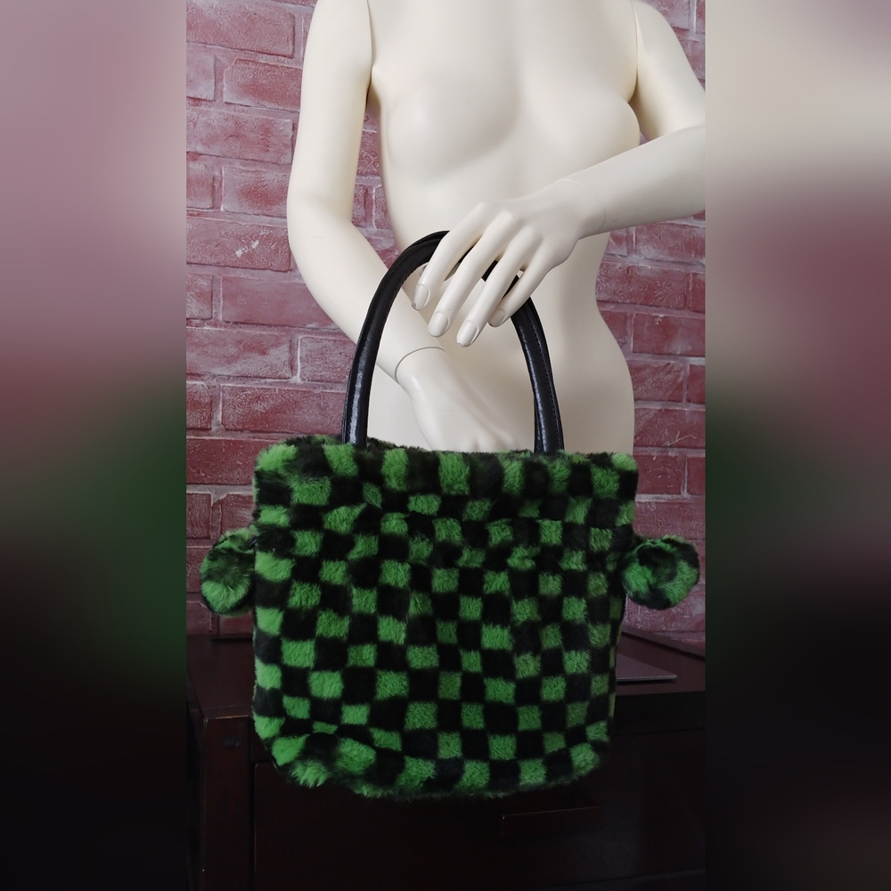 Jayley Collection Faux Fur Bag Purse Handbag Black & Green Checkered - Picture 2 of 11